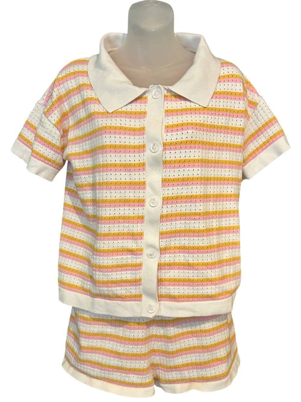 Women’s Striped Two Piece Hollow-Out Knit Striped Shirt and Shorts Set Size M